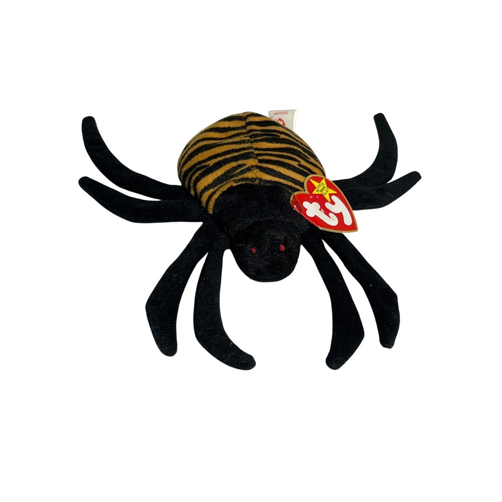 Vintage 1996 Ty Beanie Babies Spinner the Spider Plush Black Orange Striped Toy